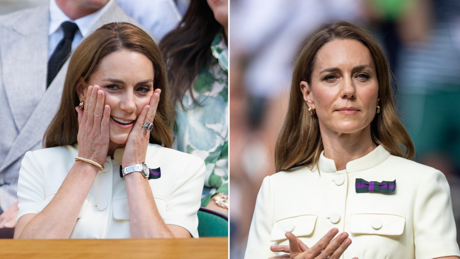 Kate Middleton Humbled During Unexpected Wimbledon Moment Kate Middleton wears a white Self Portrait dress to Wimbledon on July 12