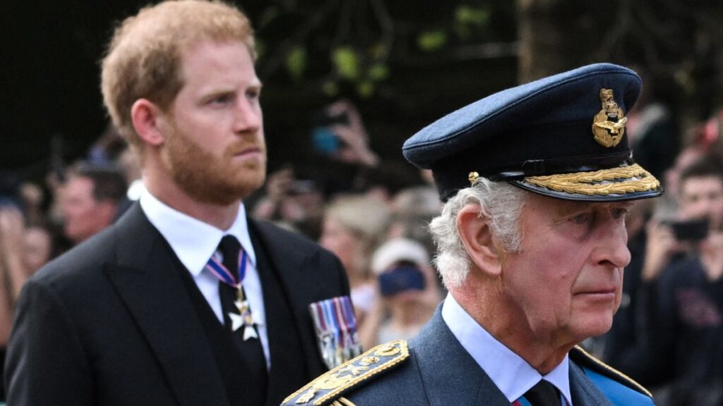 King Charles Insider on Prince Harry Peace Talks: ‘It’s a Positive Step’ Britain's King Charles III and Britain's Prince Harry, Duke of Sussex walk behind the coffin of Queen Elizabeth II, adorned with a Royal Standard and the Imperial State Crown and pulled by a Gun Carriage of The King's Troop Royal Horse Artillery, during a procession from Buckingham Palace to the Palace of Westminster