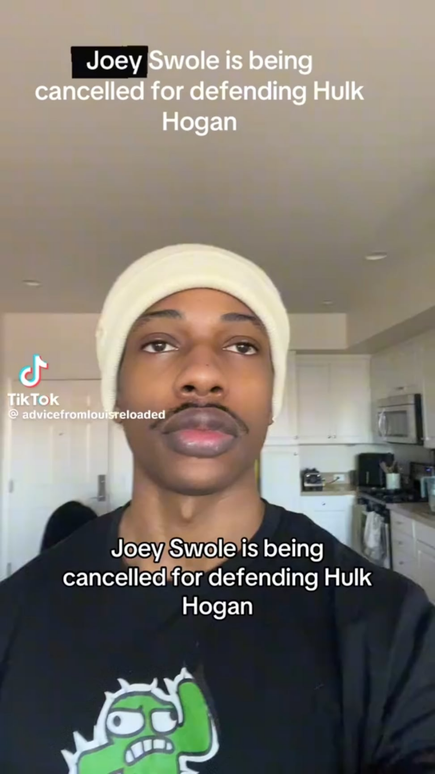 Joey Swoll, who has made himself an authority on who gets cancelled on the internet, gets cancelled for being racist on the internet