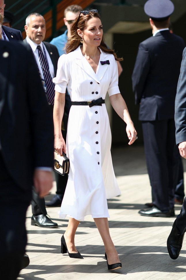 Mandatory Credit: Photo by James Marsh/BPI/REX (10326008p) Catherine Duchess of Cambridge Wimbledon Tennis Championships, Day 2, The All England Lawn Tennis and Croquet Club, London, UK - 02 Jul 2019 Shoes By Gianvito Rossi, Bag By Alexander McQueen, Belt By Alexander McQueen Wearing Suzannah