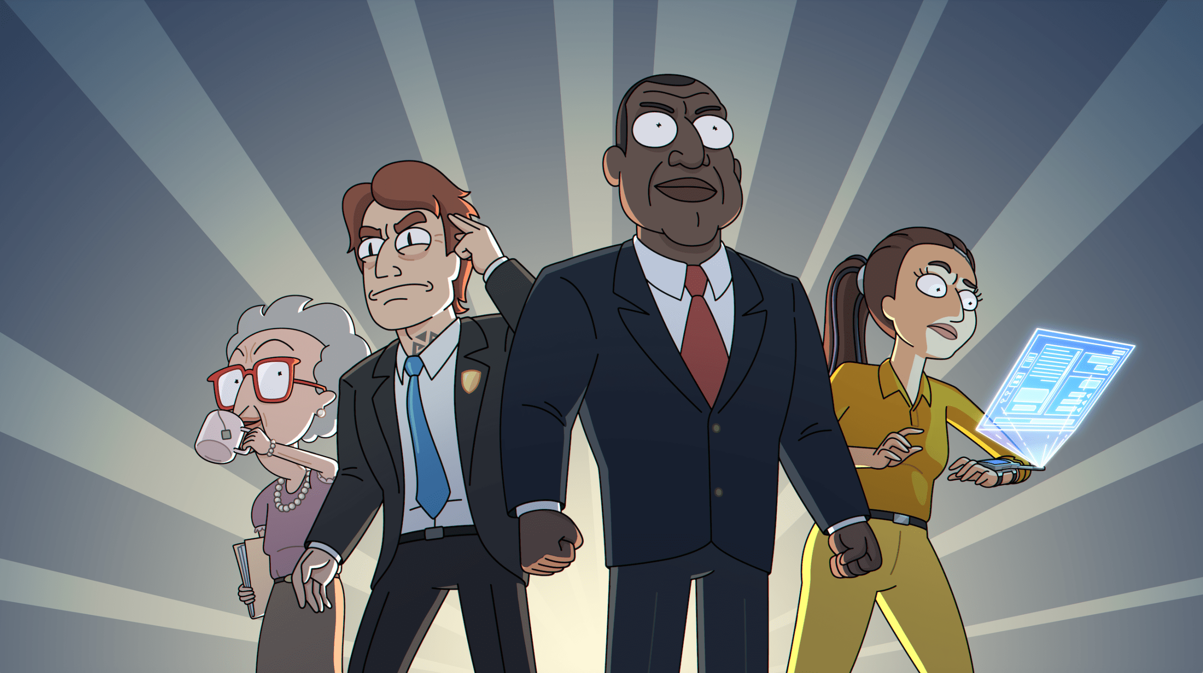 President Curtis stands surrounded by a woman drinking tea and holding a file, a man in a suit tapping his head, and a woman reading from a holographic device on her wrist in a promotional image for President Curtis