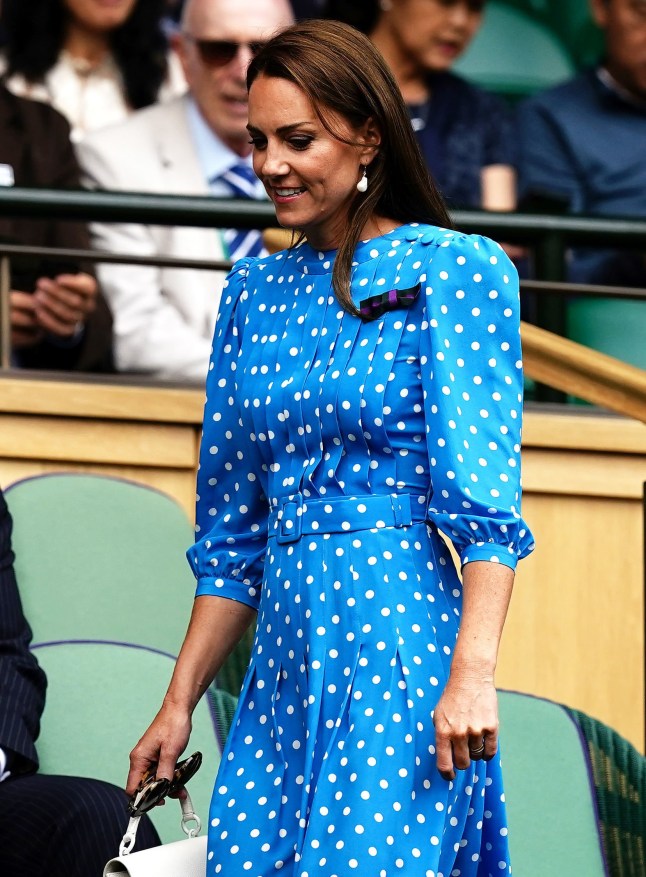 The Duchess of Cambridge in the royal box on day nine of the 2022 Wimbledon Championships at the All England Lawn Tennis and Croquet Club, Wimbledon. Picture date: Tuesday July 5, 2022. PA Photo. See PA story TENNIS Wimbledon. Photo credit should read: Aaron Chown/PA Wire. Editorial use only. No commercial use without prior written consent of the AELTC. Still image use only - no moving images to emulate broadcast. No superimposing or removal of sponsor/ad logos.