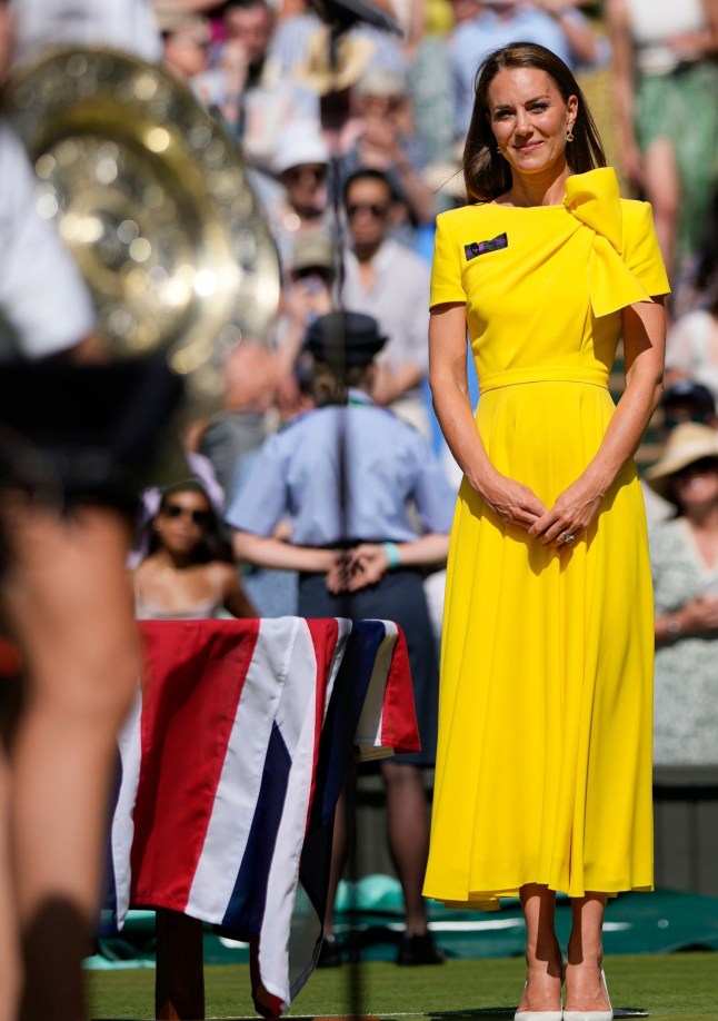 Mandatory Credit: Photo by Dave Shopland/Shutterstock (13018053cr) Catherine Duchess of Cambridge looking on at Elena Rybakina after the Ladies' Singles Final Wimbledon Tennis Championships, Day 13, The All England Lawn Tennis and Croquet Club, London, UK - 09 Jul 2022 Wearing Roksanda, Worn Before