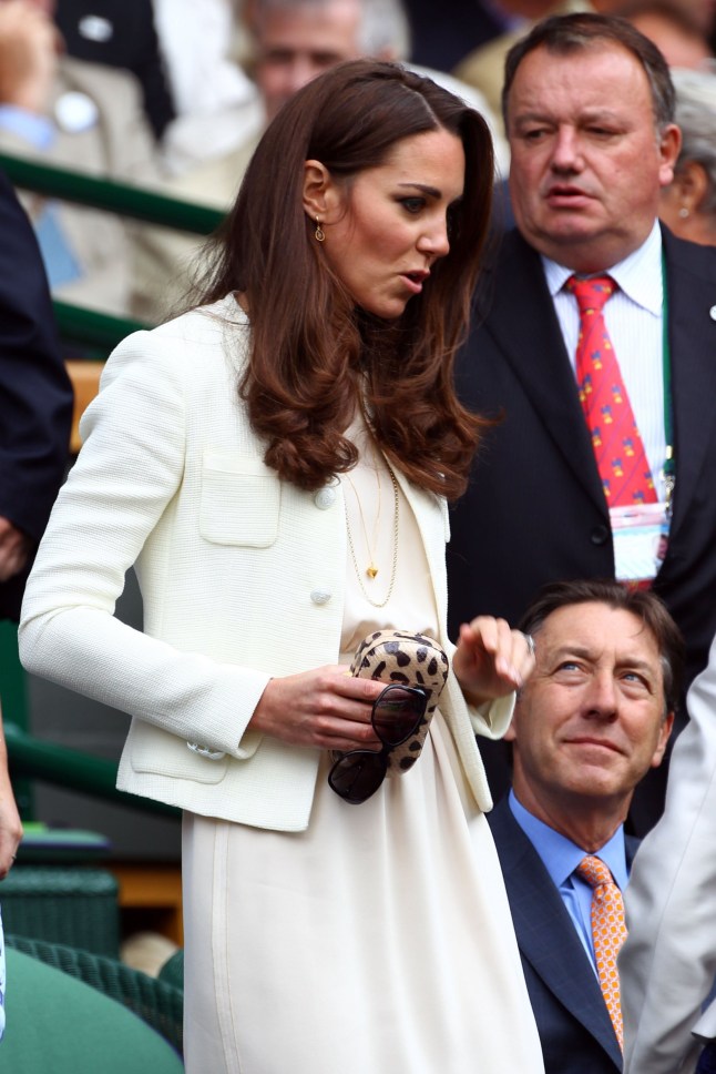 LONDON, ENGLAND - JULY 08: Catherine, Duchess of Cambridge sits in the Royal Box during the Gentlemen's Singles final match between Roger Federer of Switzerland and Andy Murray of Great Britain on day thirteen of the Wimbledon Lawn Tennis Championships at the All England Lawn Tennis and Croquet Club on July 8, 2012 in London, England. (Photo by Clive Brunskill/Getty Images)