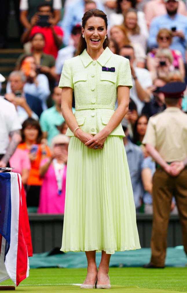 Mandatory Credit: Photo by Javier Garcia/Shutterstock (14010521hg) Catherine Princess of Wales preparing to present the Venus Rosewater Dish after the Ladies' Singles final Wimbledon Tennis Championships, Day 13, The All England Lawn Tennis and Croquet Club, London, UK - 15 Jul 2023 Wearing Self-Portrait