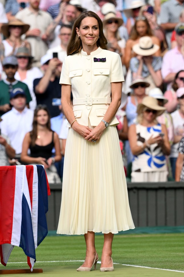LONDON, ENGLAND - JULY 12: Catherine, Princess of Wales attends day thirteen of the Wimbledon Tennis Championships at the All England Lawn Tennis and Croquet Club at All England Lawn Tennis and Croquet Club on July 12, 2025 in London, England. (Photo by Karwai Tang/WireImage)