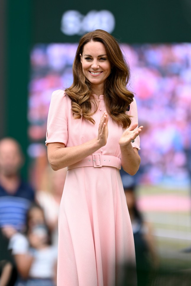 LONDON, ENGLAND - JULY 11: HRH Catherine, Duchess of Cambridge attends the Wimbledon Championships Tennis Tournament at All England Lawn Tennis and Croquet Club on July 11, 2021 in London, England. (Photo by Karwai Tang/WireImage)