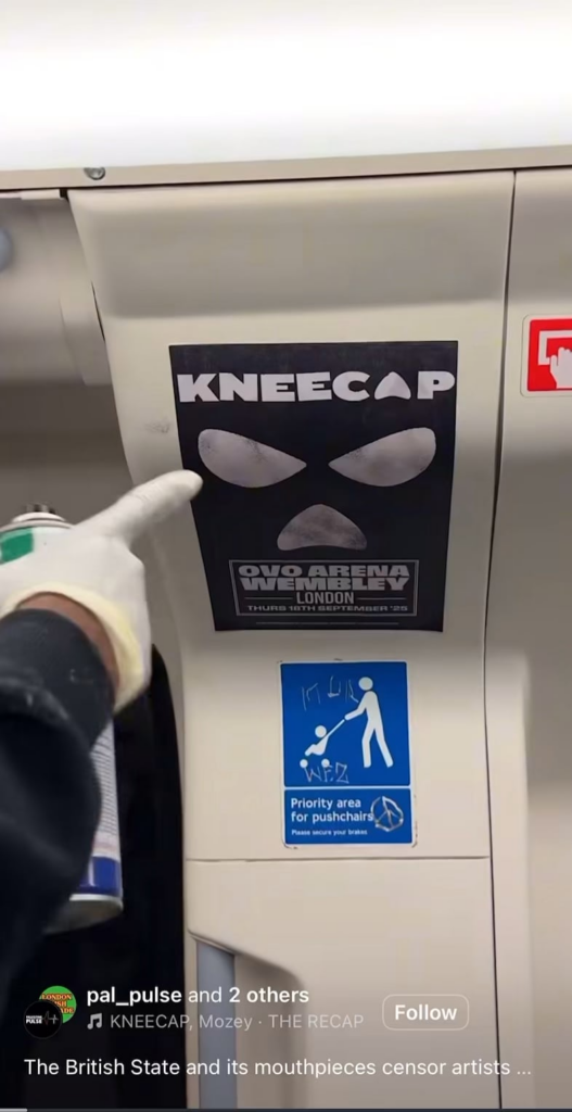 Fans of Kneecap and Bob Vylan cover London Streets with banned posters