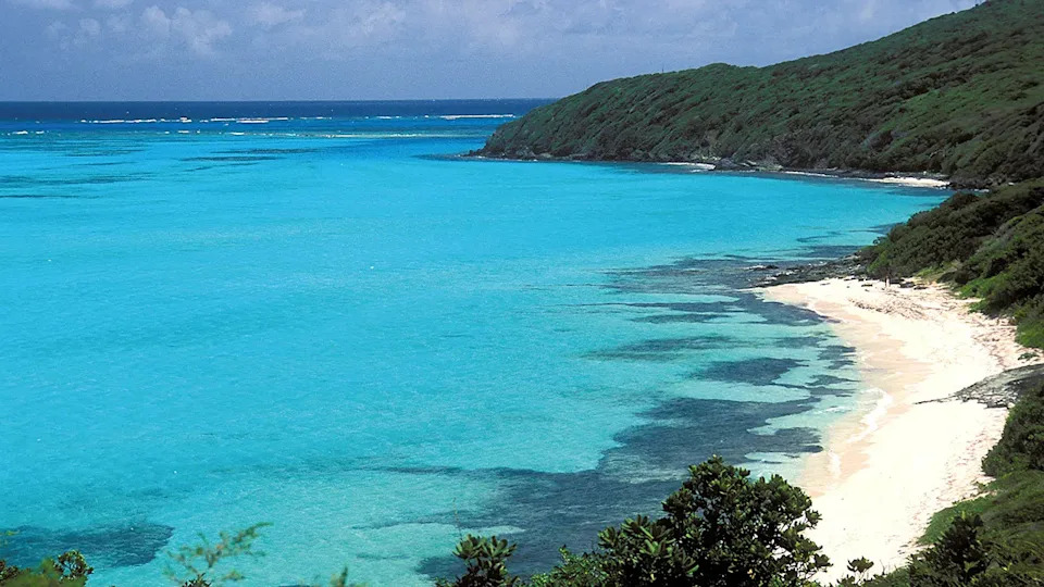 An aerial view of a tropical island.