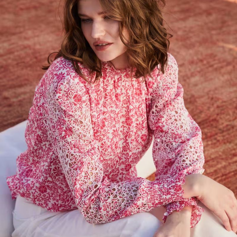 Organic Cotton Voile Broderie Blouse on model