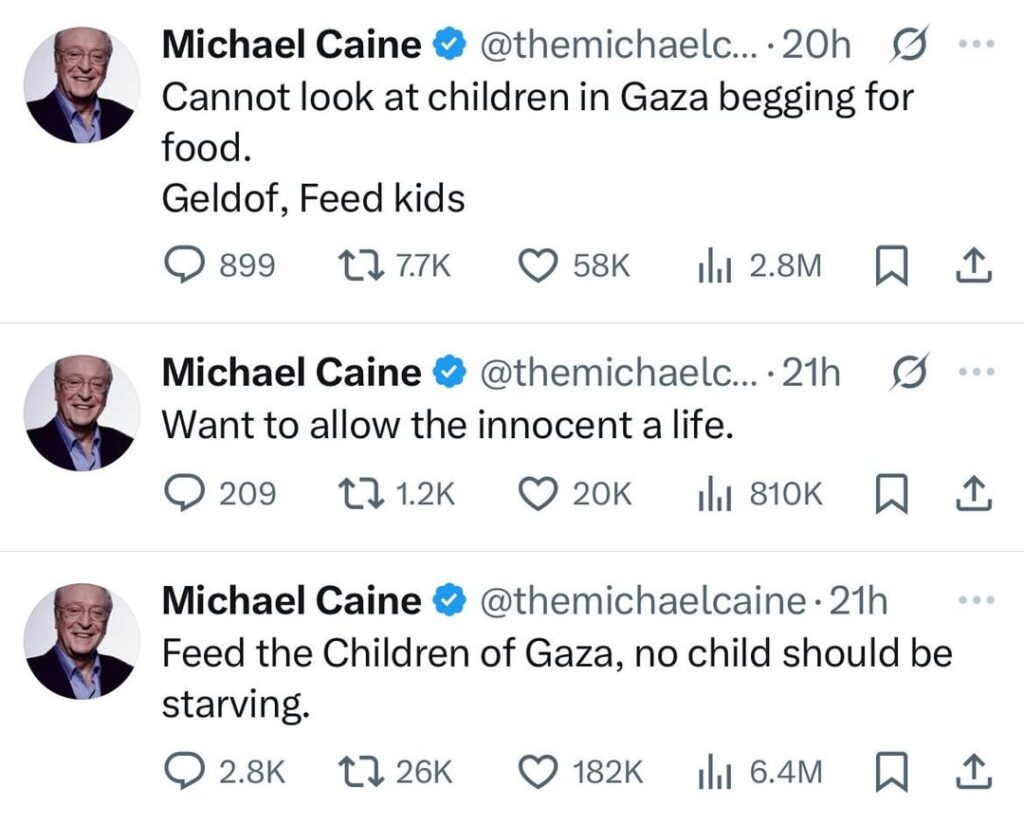 Michael Caine advocates for Gaza on Twitter, asks (Bob) “Geldof, feed kids”