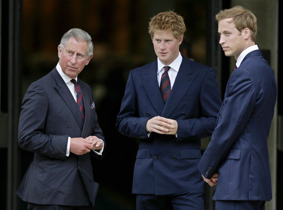 Prince Charles with Princes William and Harry at a memorial service.
