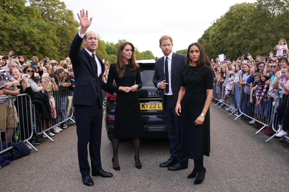 Prince William, Kate, Prince Harry, and Meghan Markle greeting well-wishers at Windsor Castle.