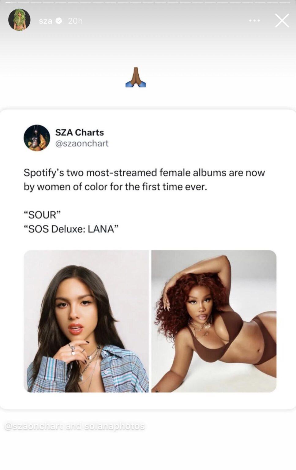 SZA responds to report that Spotify’s two most streamed female albums are by WOC for the first time ever : 🙏🏾