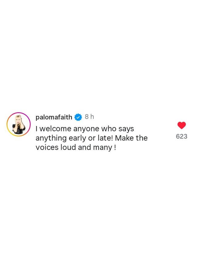 "I welcome anyone who says anything early or late" –Paloma Faith on Hailey Bieber's stories supporting the entrance of food and aid in Palestine.