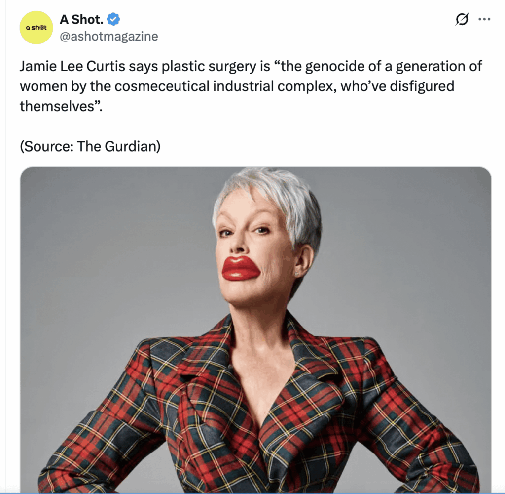 Jamie Lee Curtis claims Plastic Surgery is responsible for the genocide of generations of women