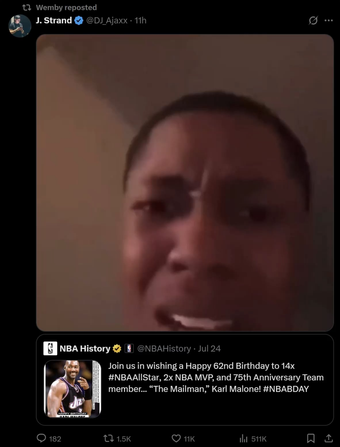 NBA player Victor Wembanyama reacts to the NBA wishing pedophile and rapist Karl Malone a happy birthday