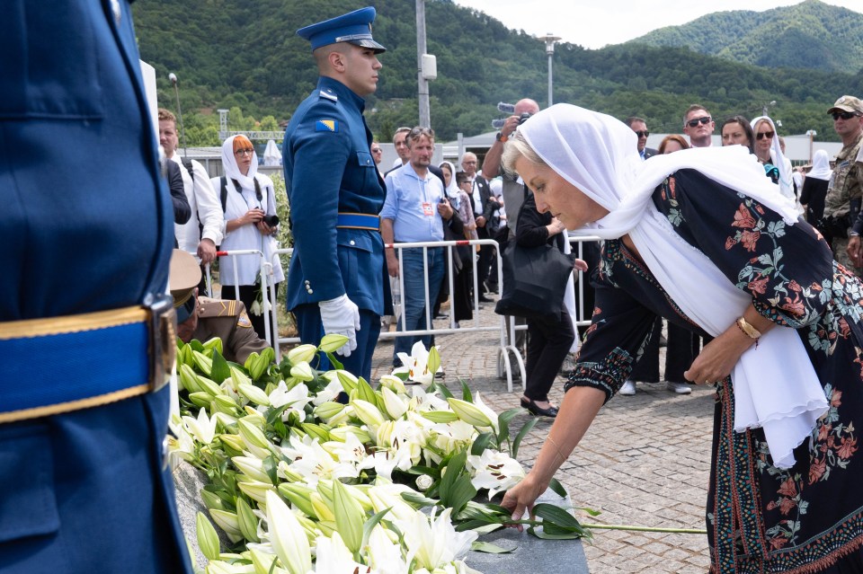 The Duchess of Edinburgh laying lilies at the Srebrenica Memorial Centre.