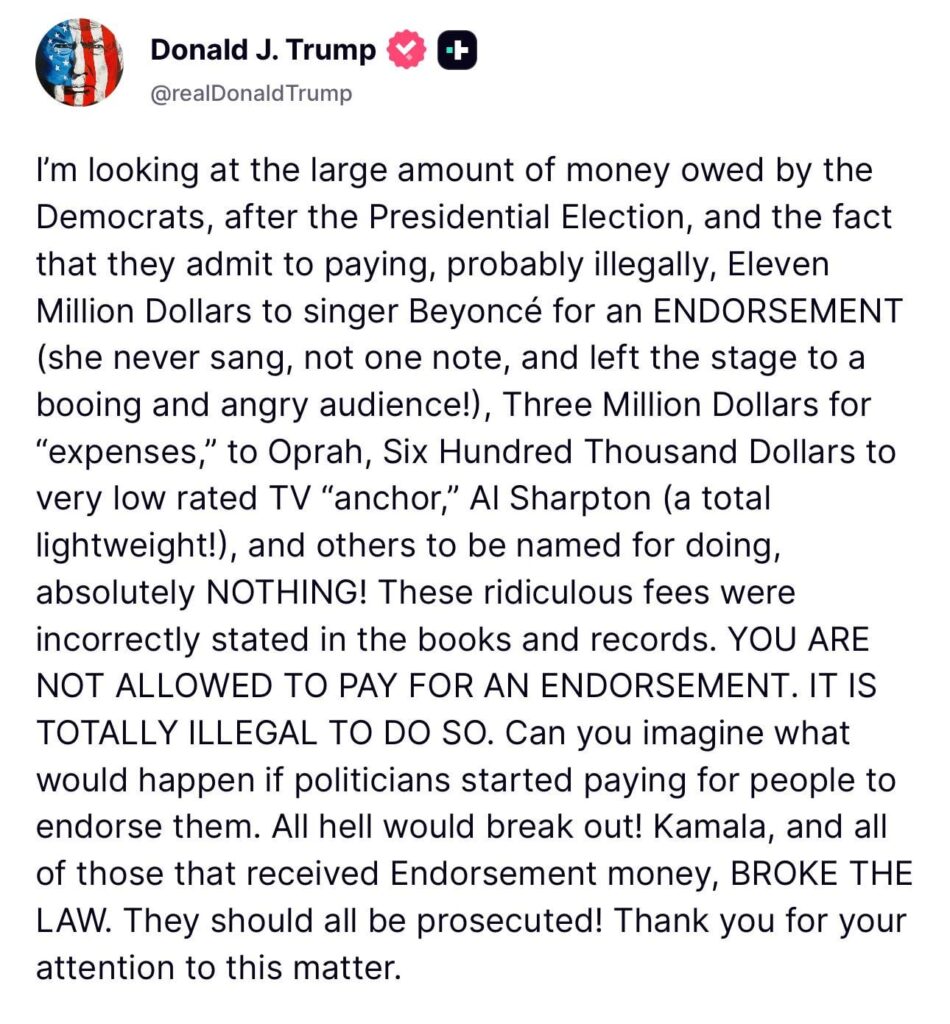 Donald Trump demands that Beyoncé and Oprah be prosecuted for campaigning for Kamala Harris.