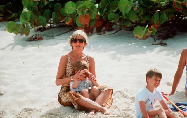 Getty Images Princess Diana with her sons Prince Harry and Prince William on a beach