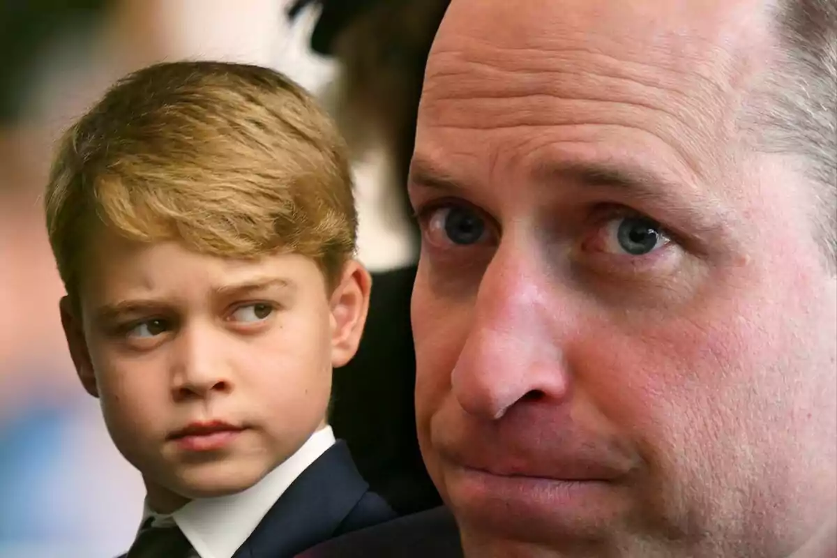 A blond boy with a serious expression looks at an adult man with a serious face and a thoughtful gaze.