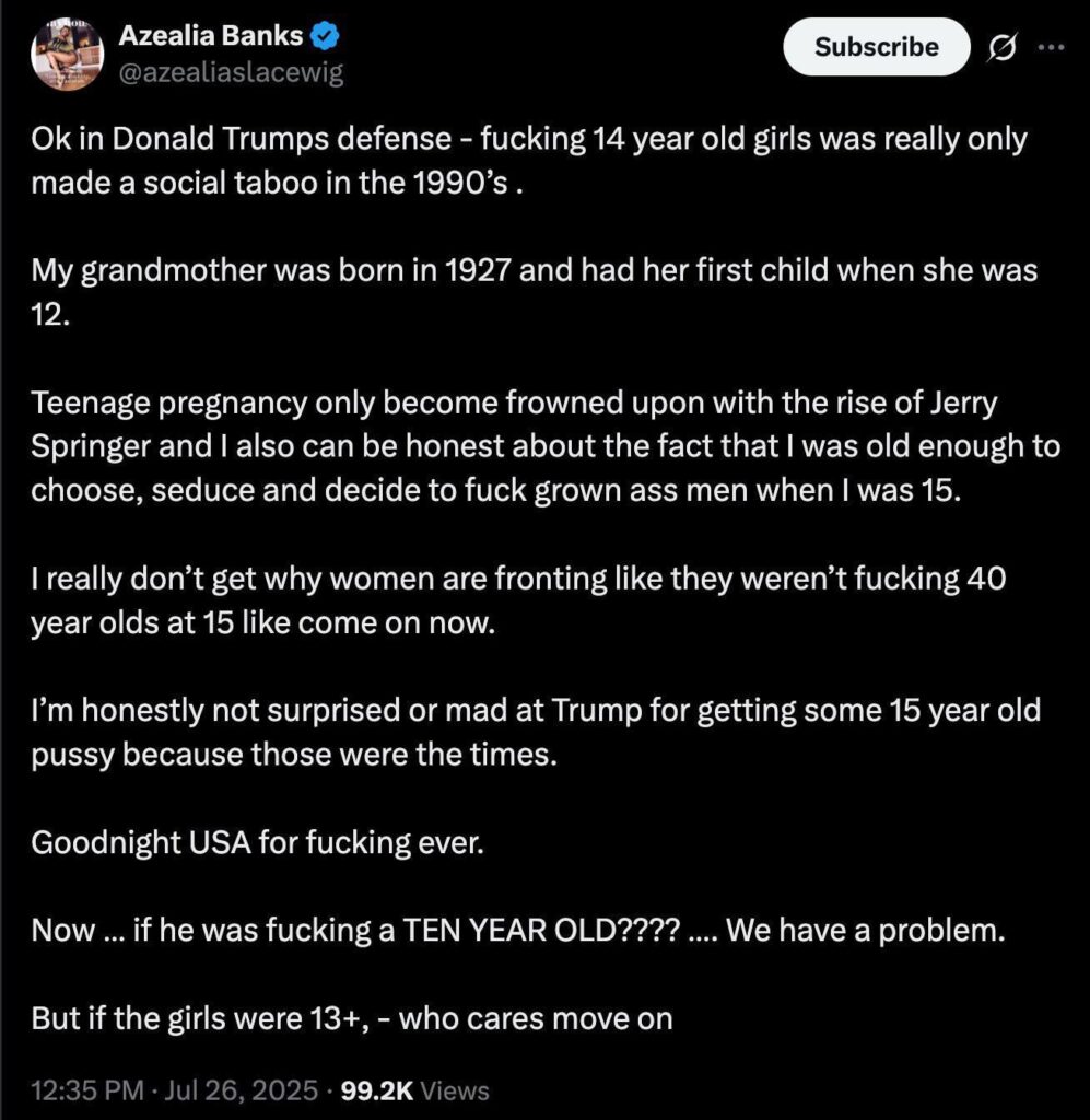 Deleted Azealia Banks tweet defending Trump’s alleged pedophilia