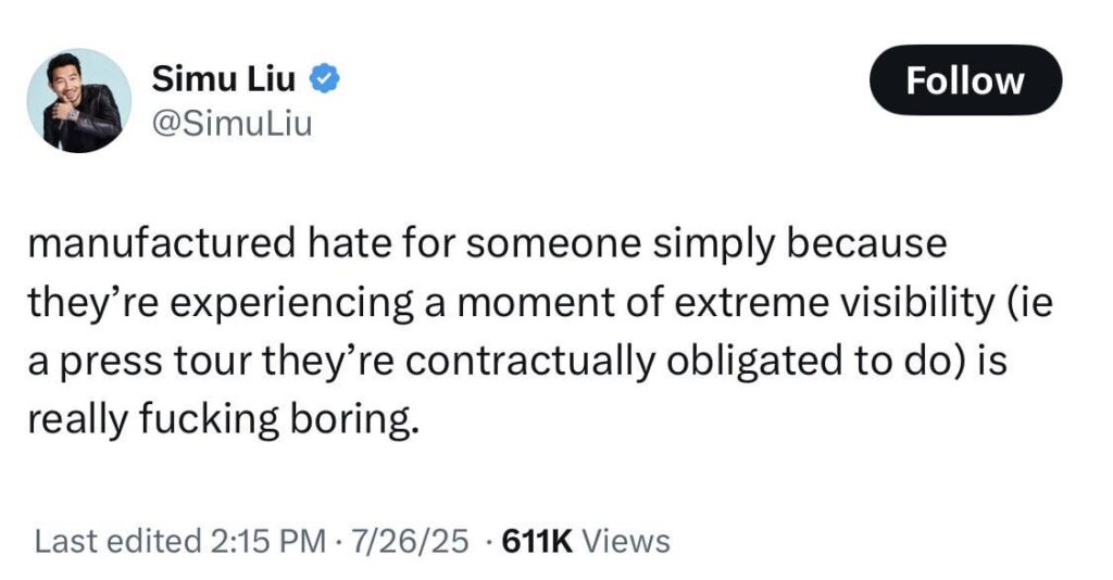 Simu Liu speaks out in support of Pedro Pascal over the very obvious smear campaign going on right now against him: “manufactured hate for someone simply because they’re experiencing a moment of extreme visibility (ie a press tour they contractually obligated to do) is really fucking boring.” Simu Liu speaks out in support of Pedro Pascal over the very obvious smear campaign going on right now against him: “manufactured hate for someone simply because they’re experiencing a moment of extreme visibility (ie a press tour they contractually obligated to do) is really fucking boring.”