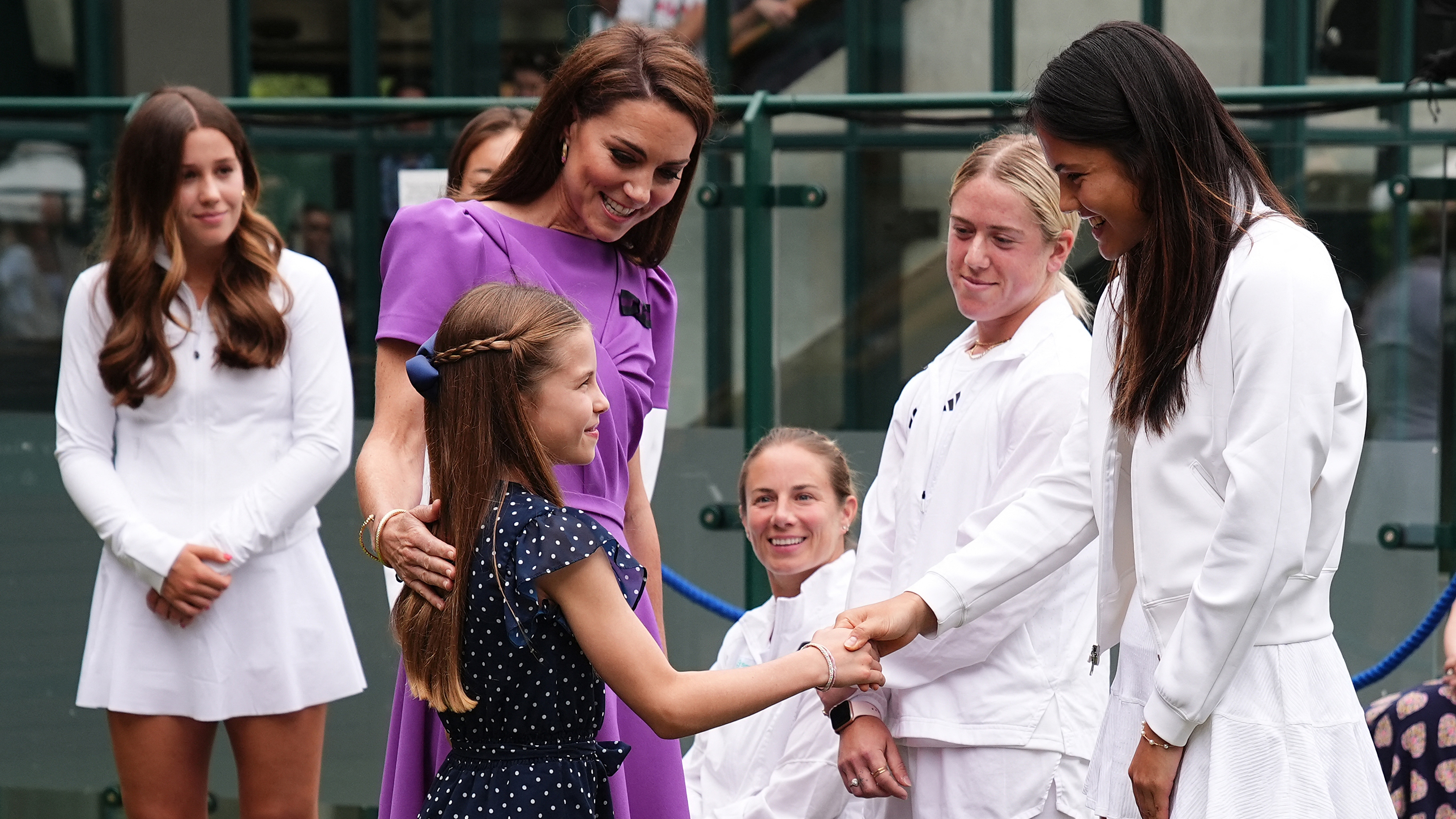 Catherine, Princess of Wales and Princess Charlotte of Wales meet with Emma Raducanu before attending the men's singles final tennis match at Wimbledon 2024