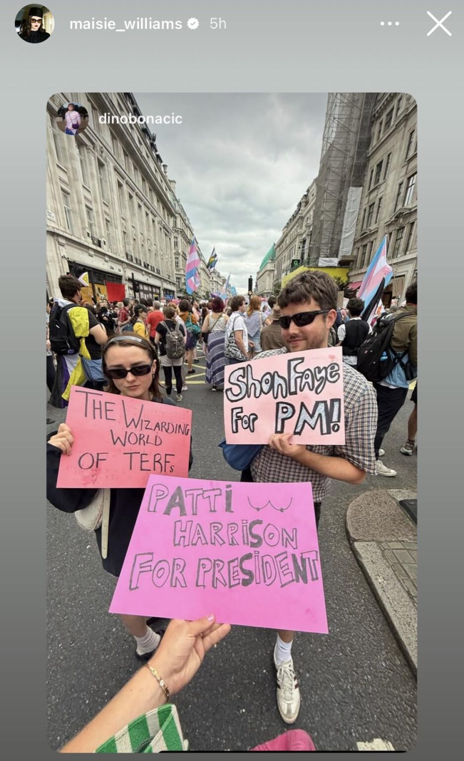 Maisie Williams attended the London Trans+ Pride 2025 Parade holding a “The Wizarding World of TERFs” sign. (July 26, 2025)
