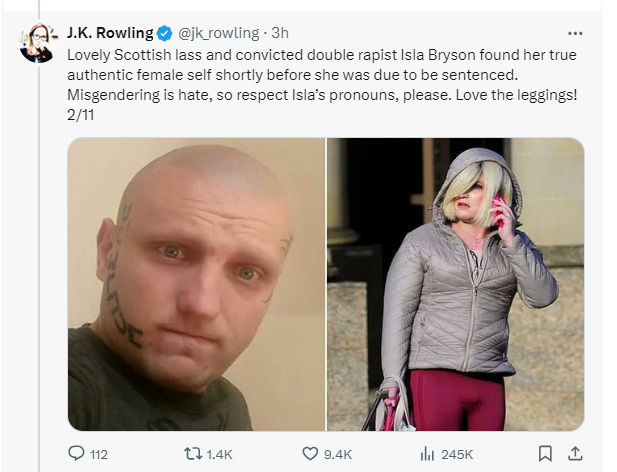 Screenshot of a J.K. Rowling tweet about Isla Bryson, including two photos.