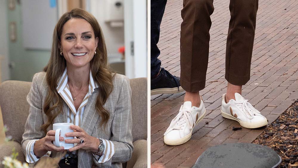 Kate Middleton Laces Up Her Signature Veja Sneakers for Hospital Visit Kate Middleton in her go-to Veja Esplar sneakers during a visit to. the RHS Wellbeing Garden at Colchester Hospital on July 2, 2025.