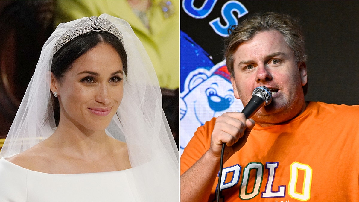 A split image of Meghan Markle on her wedding day and comedian Tim Dillon wearing an orange shirt