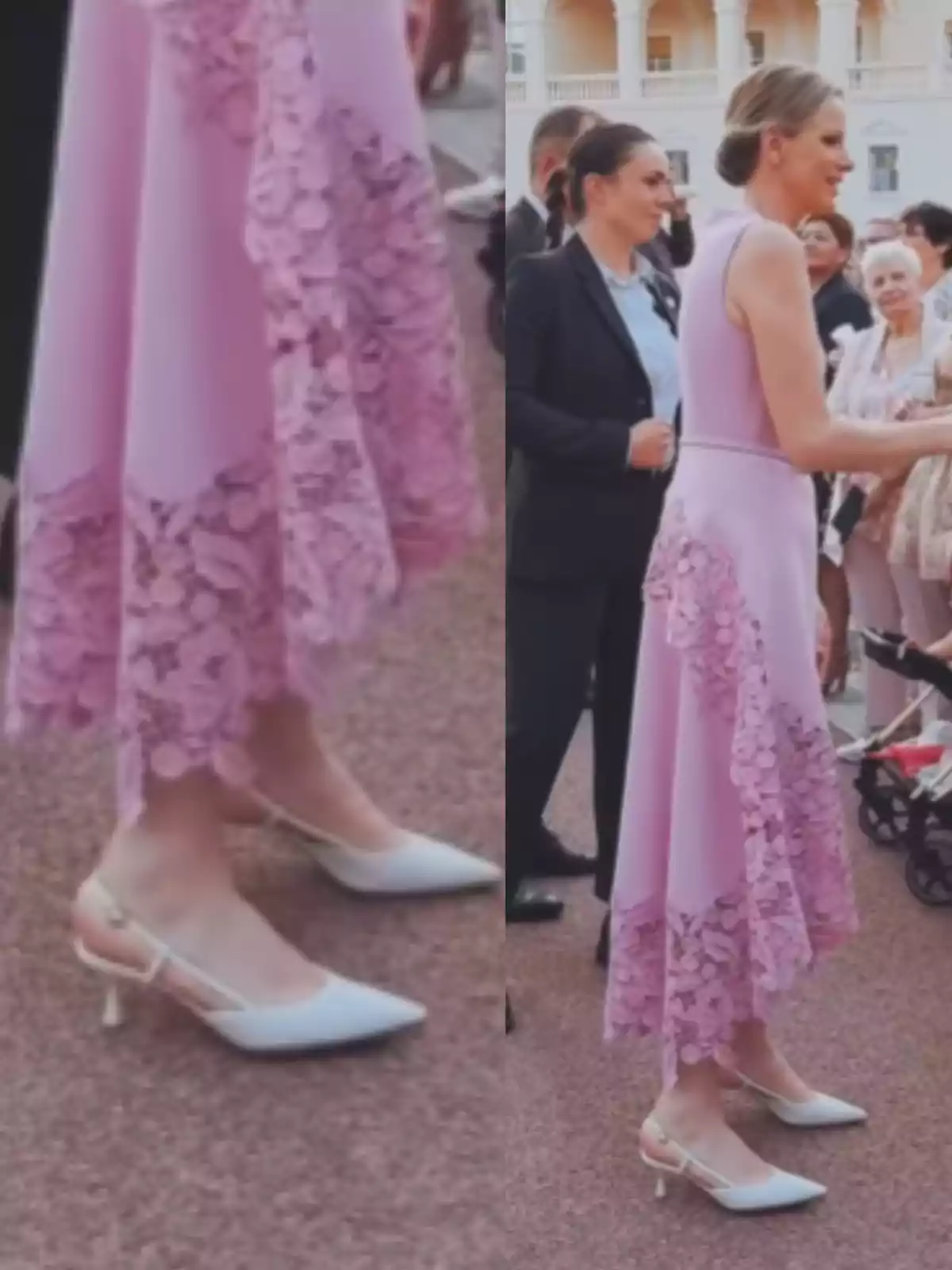 Woman in a light pink dress with lace details and low-heeled white shoes, greeting people at an outdoor event