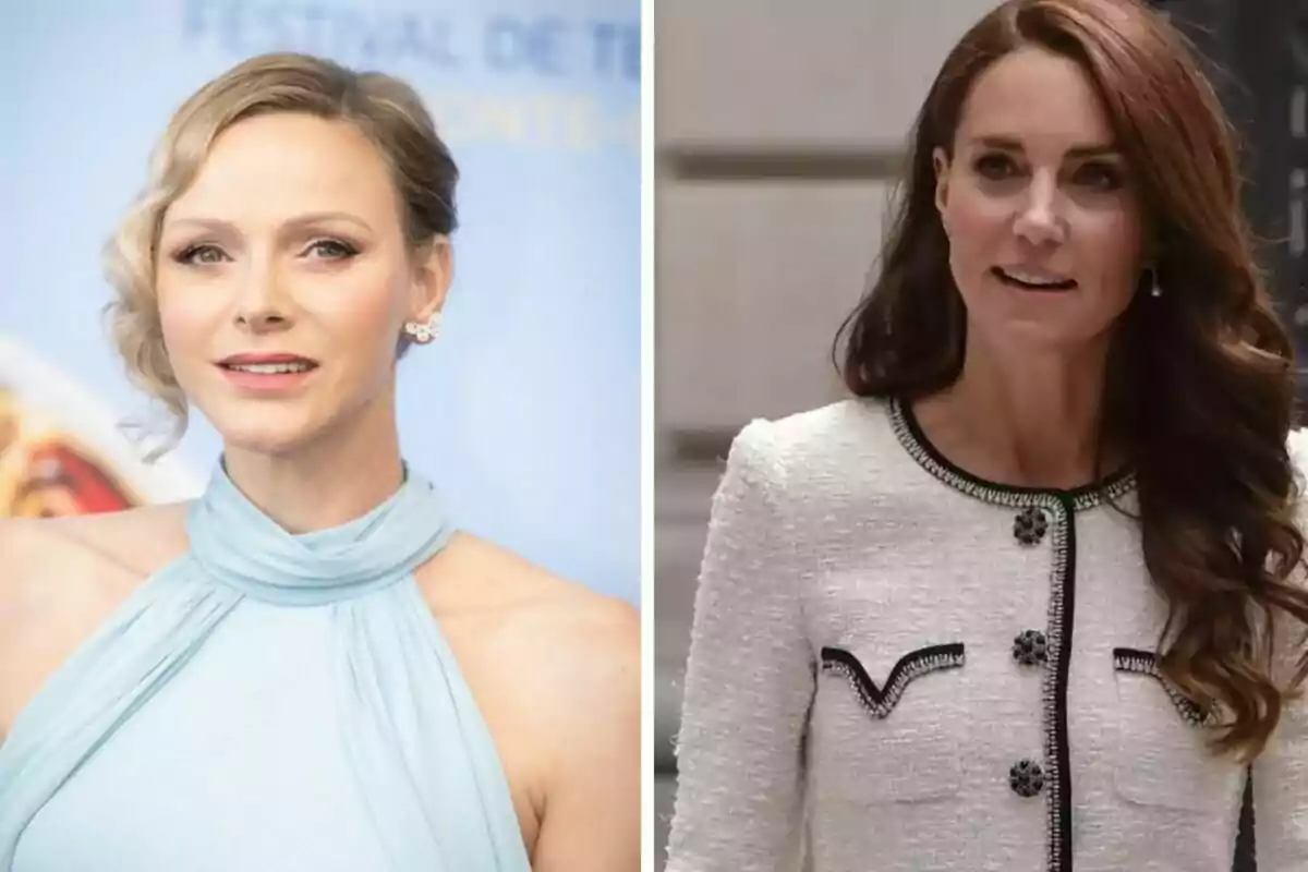 Two women pose in different settings, one in a light blue dress and the other in a white blazer.