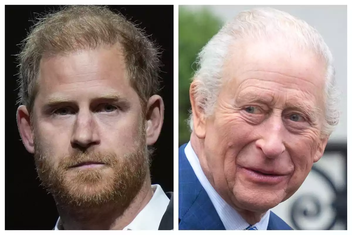 Close-up photo montage of Prince Harry and King Charles III, both with serious expressions.