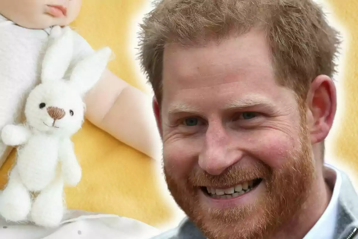Photo montage of Prince Harry smiling in the foreground next to a baby lying with a white bunny stuffed animal on a yellow blanket.