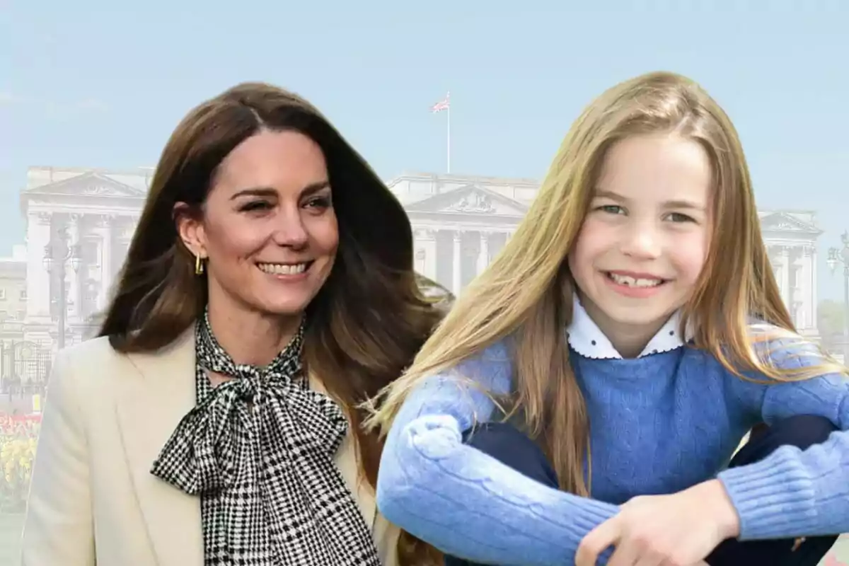 Two smiling people, a woman and a girl, pose in front of a historic building with a flag waving at the top.