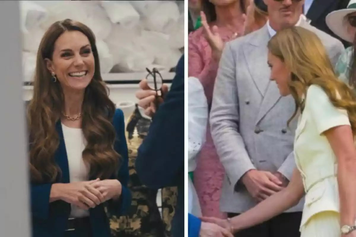 Long-haired brunette woman smiles in a social setting, and in another image, she greets someone at a formal event surrounded by elegantly dressed people. Long-haired brunette woman smiles in a social setting, and in another image, she greets someone at a formal event surrounded by elegantly dressed people.