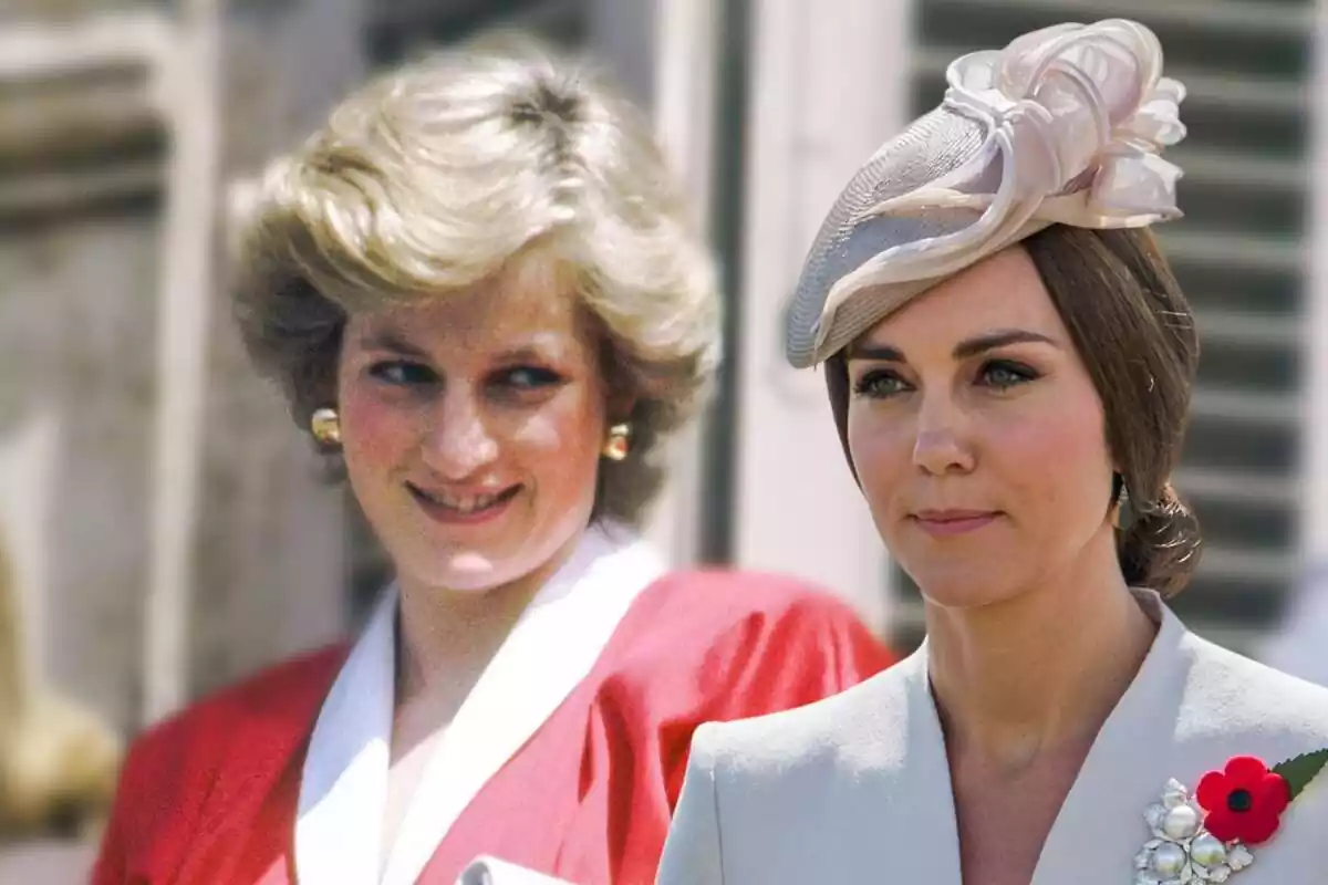 Montage of Lady Di smiling with gold earrings and Kate Middleton with a beige headdress and a flower on her jacket