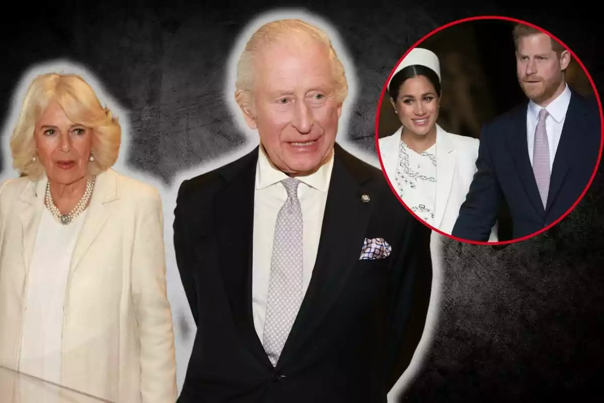 Queen Camilla and Charles III dressed formally with a circular image of Meghan Markle and Prince Harry in the upper right corner on a dark background. Queen Camilla and Charles III dressed formally with a circular image of Meghan Markle and Prince Harry in the upper right corner on a dark background.
