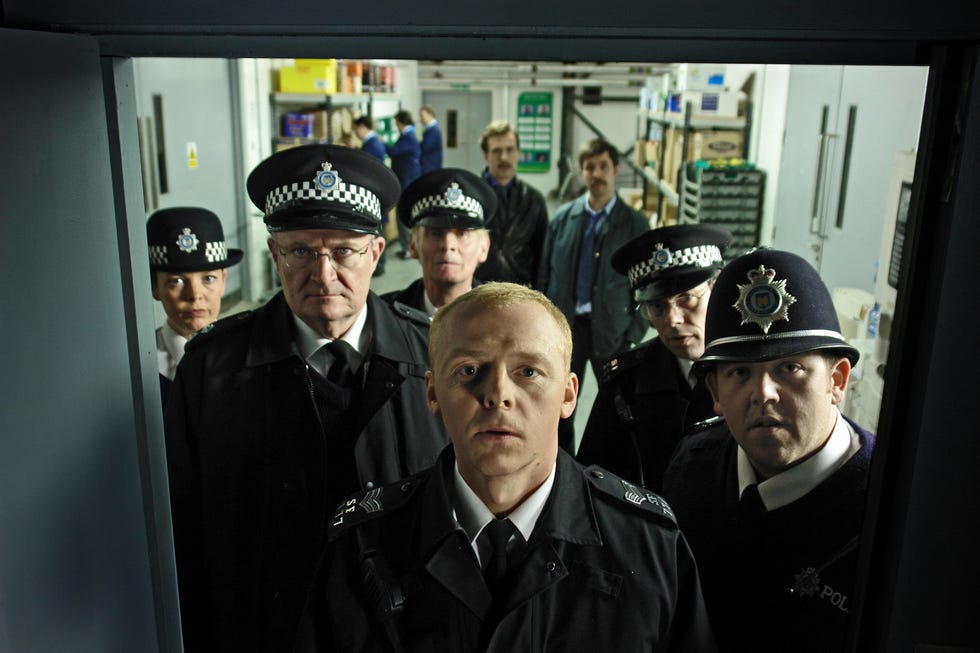 olivia colman, jim broadbent, simon pegg, nick frost, hot fuzz