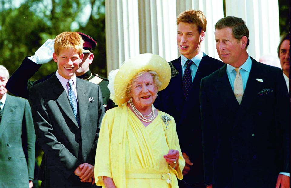 Queen Elizabeth with Princes William, Harry, and Charles.