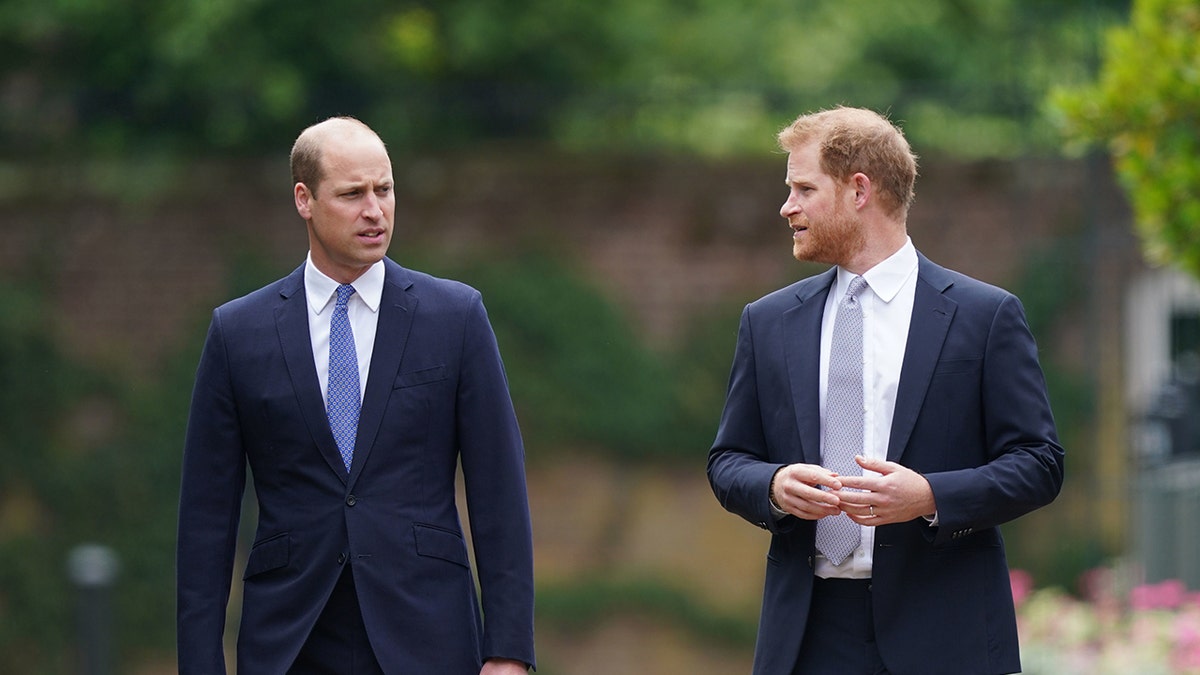 Prince William and Prince Harry in deep conversation wearing matching blue suits outdoors.