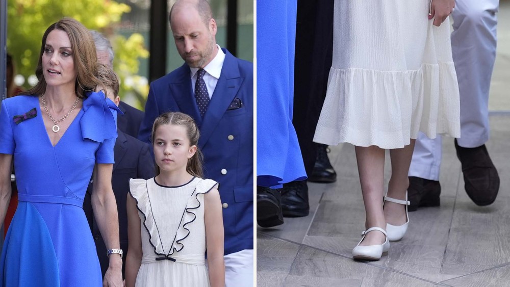 Kate Middleton and Princess Charlotte, who wore cream Mary-Jane style flats, arriving at Wimbledon on Sunday.