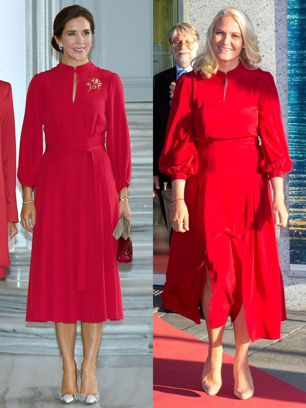 Clothing, Fashion model, Red, Dress, Formal wear, Fashion, Footwear, Suit, Outerwear, Sleeve, 