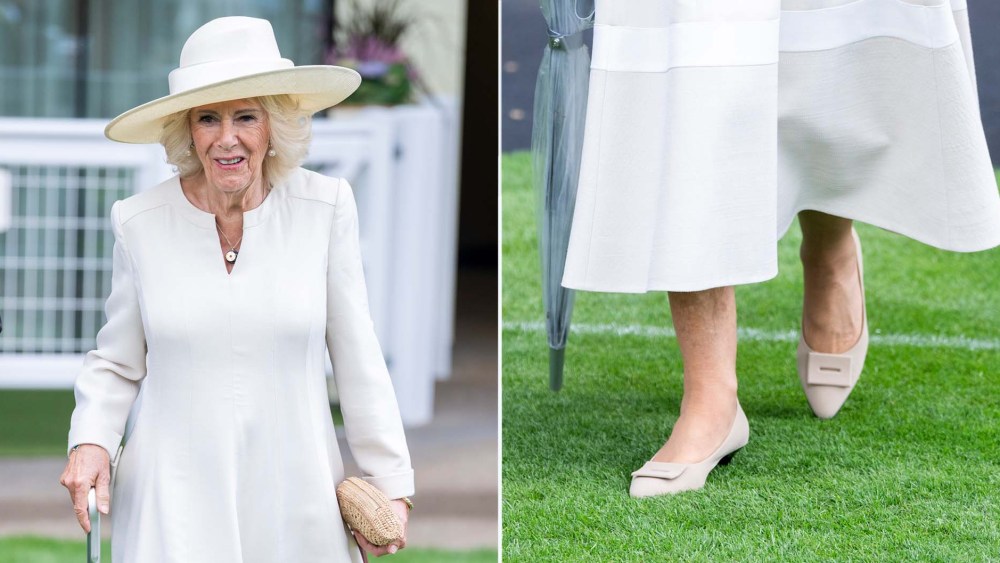 Queen Camilla Re-Wears Eliot Zed Pumps at King George Weekend Queen Camilla wearing Eliot Zed Bea Fabric Beige Pumps during King George Racing Weekend on Saturday.