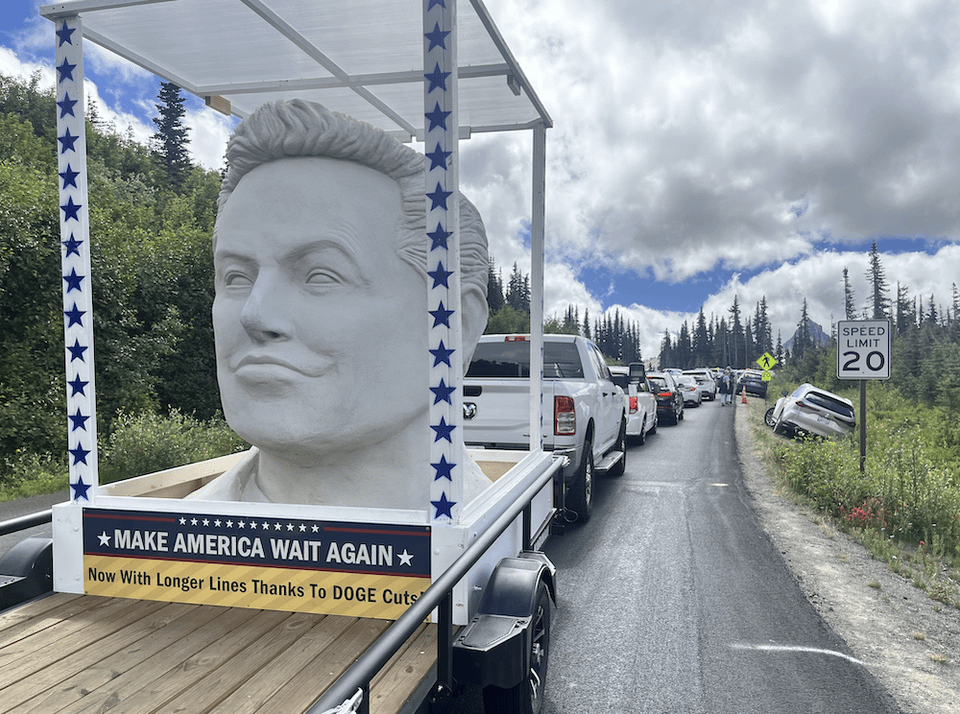 Giant DOGE Elon Musk Head Stuck in line at Mount Rainier Yesterday