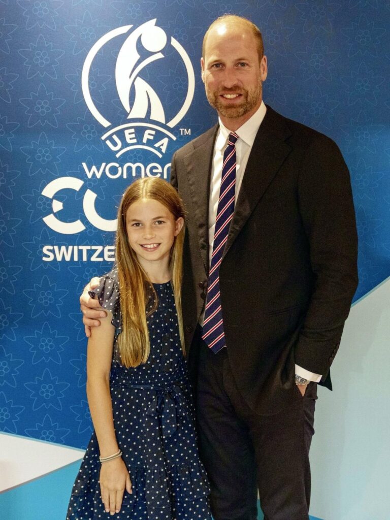 Prince William and Princess Charlotte are in Basel, Switzerland to cheer on the Lionesses this afternoon as they face Spain in the Euros Final.