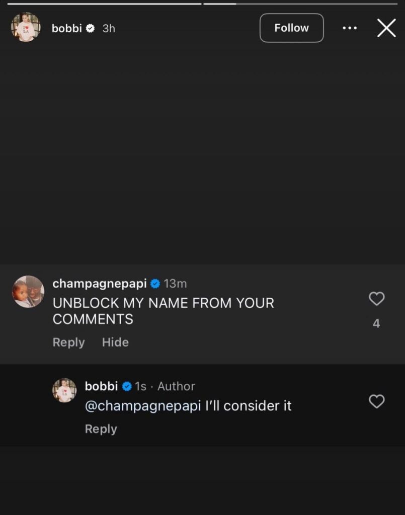 Drake wants his name unblocked from Bobbi’s comments