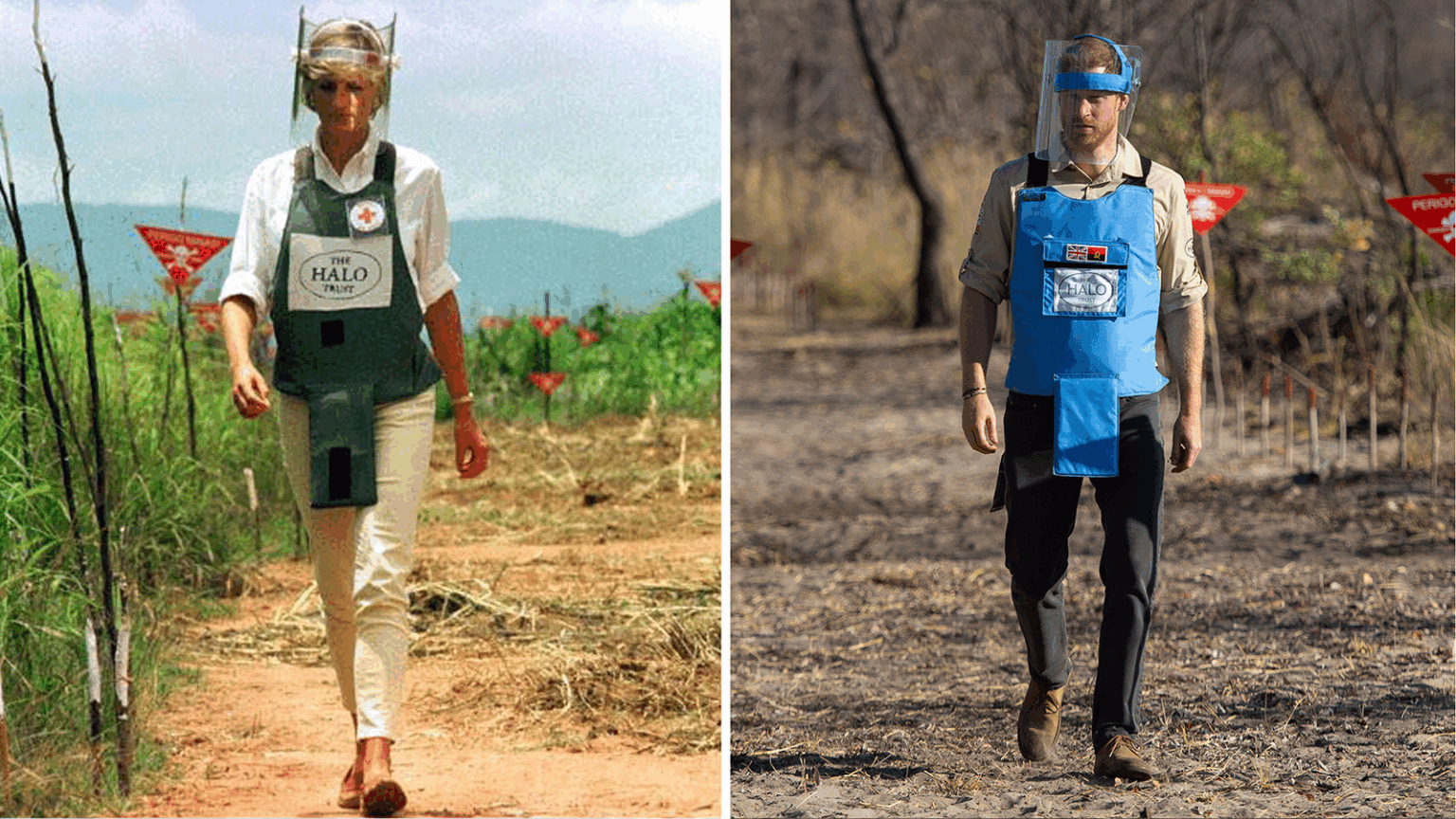 Princess Diana visits a landmine field in Huanbo, Angola 1997. Prince Harry visits Dirico Province, Angola in 2019